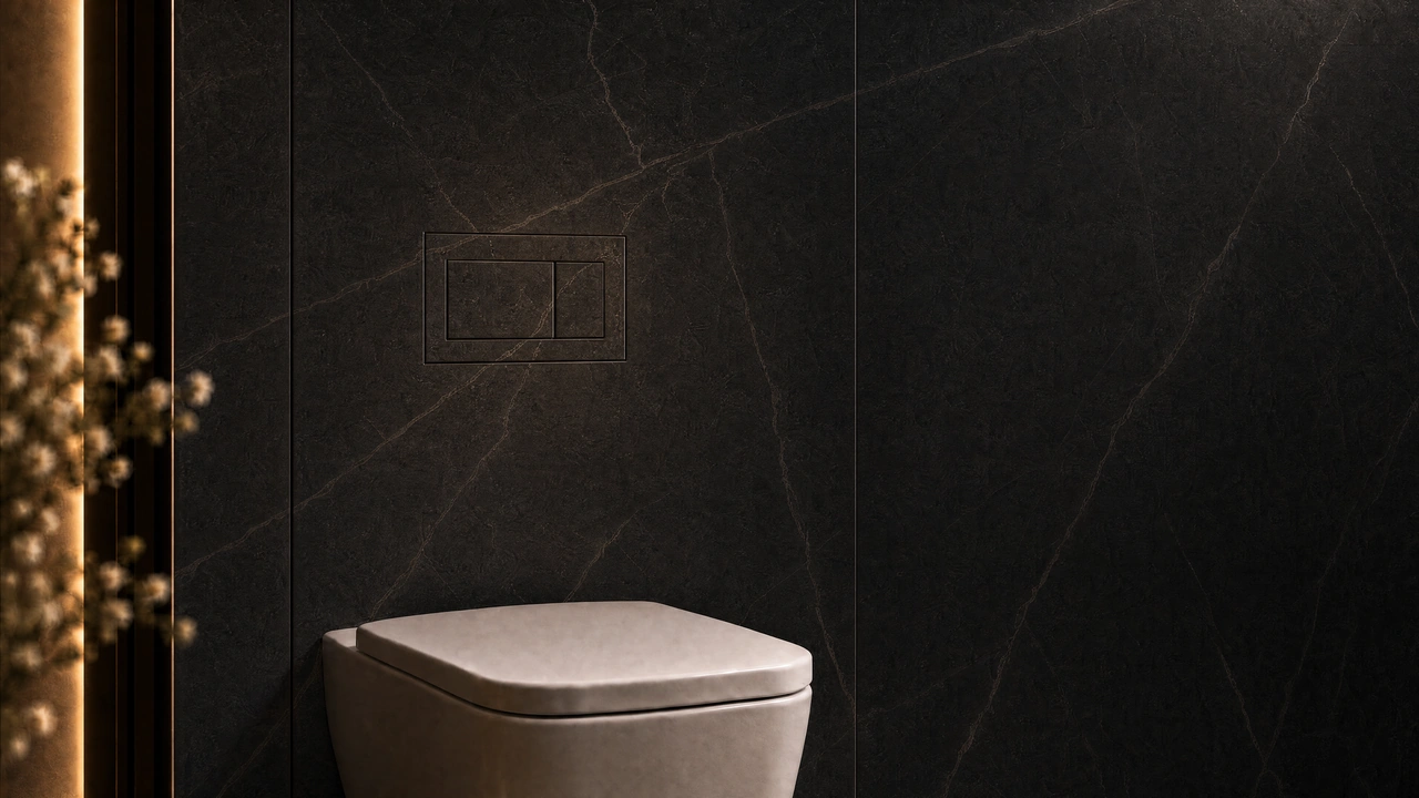 Dark stone bathroom with a flush plate integrated into the wall and warm architectural lighting.
