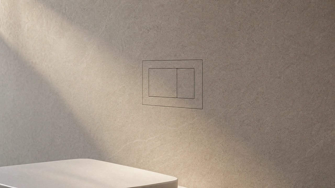 Close view of a flush control precisely aligned with the surrounding stone surface.
