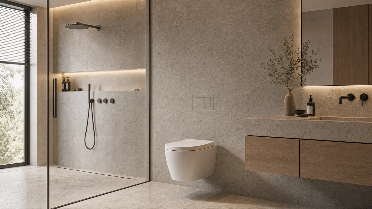 Stone bathroom with an integrated Pontus flush control, shower and timber vanity.