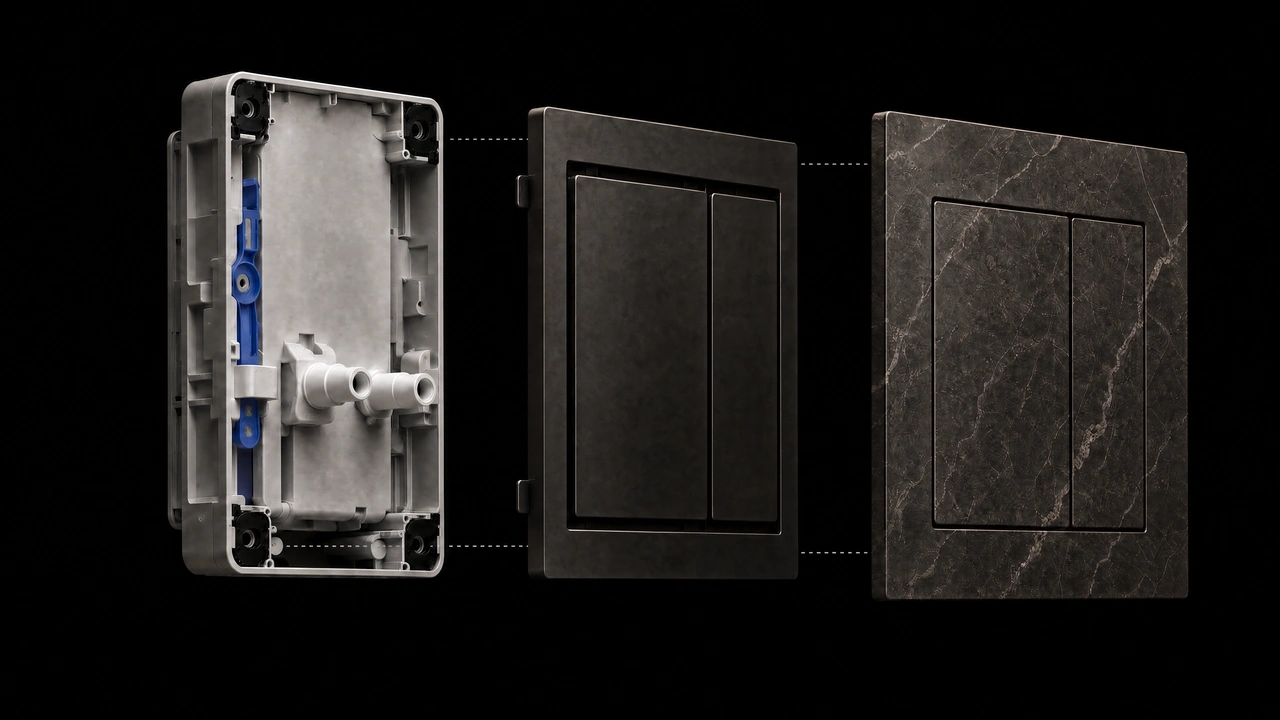 Exploded view: in-wall system on the left, Pontus flush control in the middle and stone finished control on the right.
