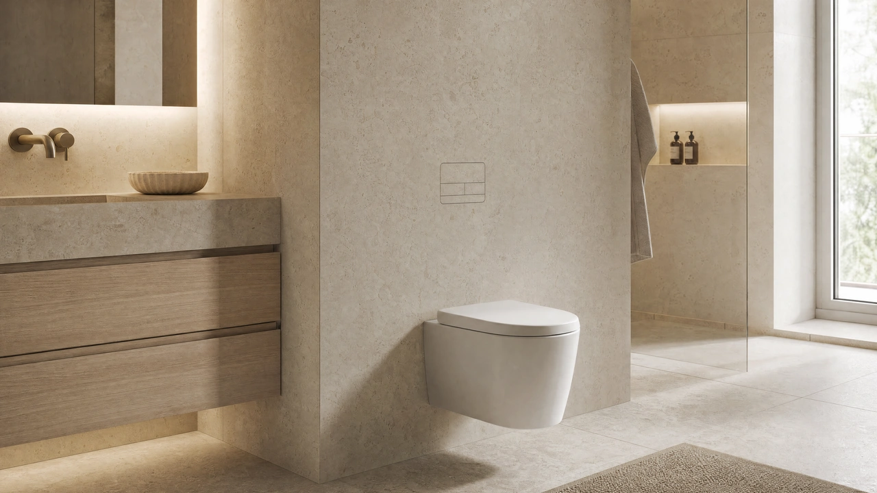 Warm limestone bathroom with timber cabinetry and an integrated flush plate.