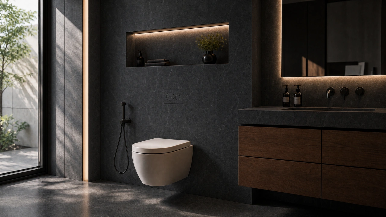 Dark stone bathroom with precise concealed details, warm lighting and walnut cabinetry.