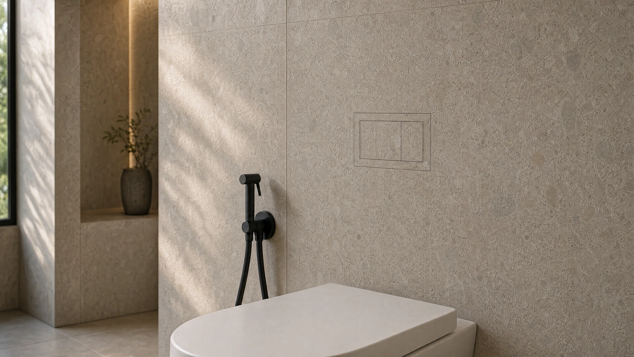 Textured natural stone wall with a concealed flush plate and matte black bathroom fittings.